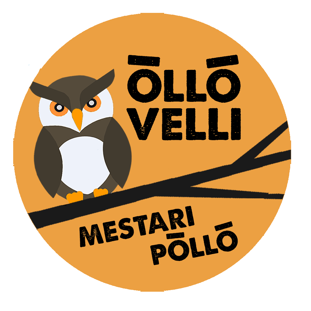 An origami-style illustration of an owl with text in Finnish and Spanish: 'ÖLÖ VELLI MESTARI POLLO' on an orange background.