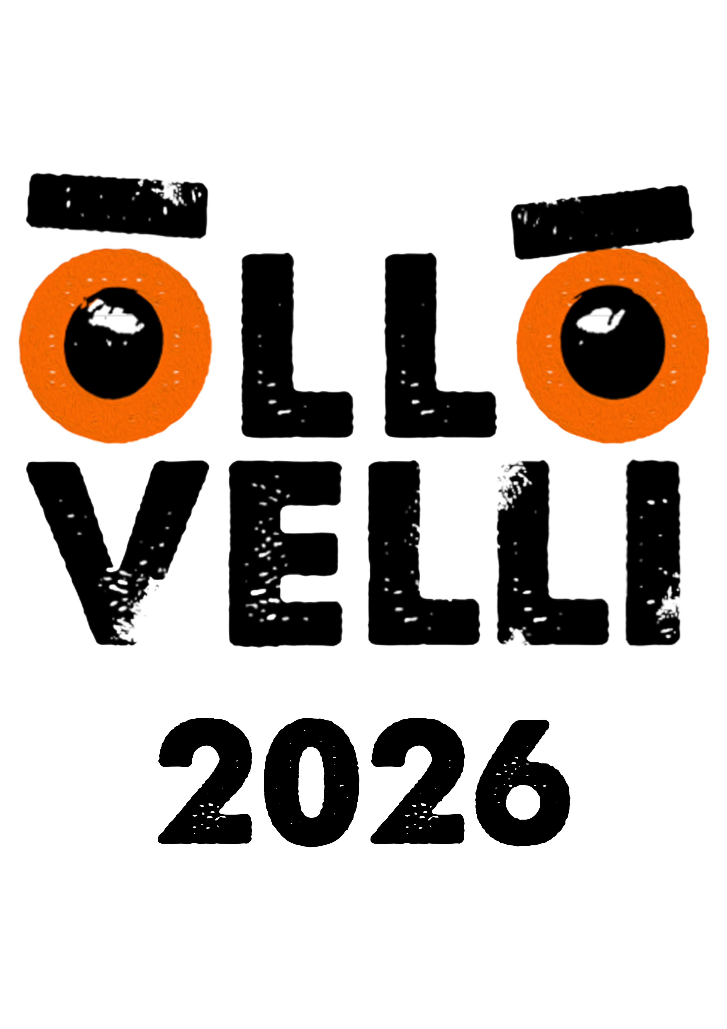 Haukan silmä ja teksti 'Ollolla Velli' mustavalkoisena, jossa oranssit korvat ja mustat piilolinssit.