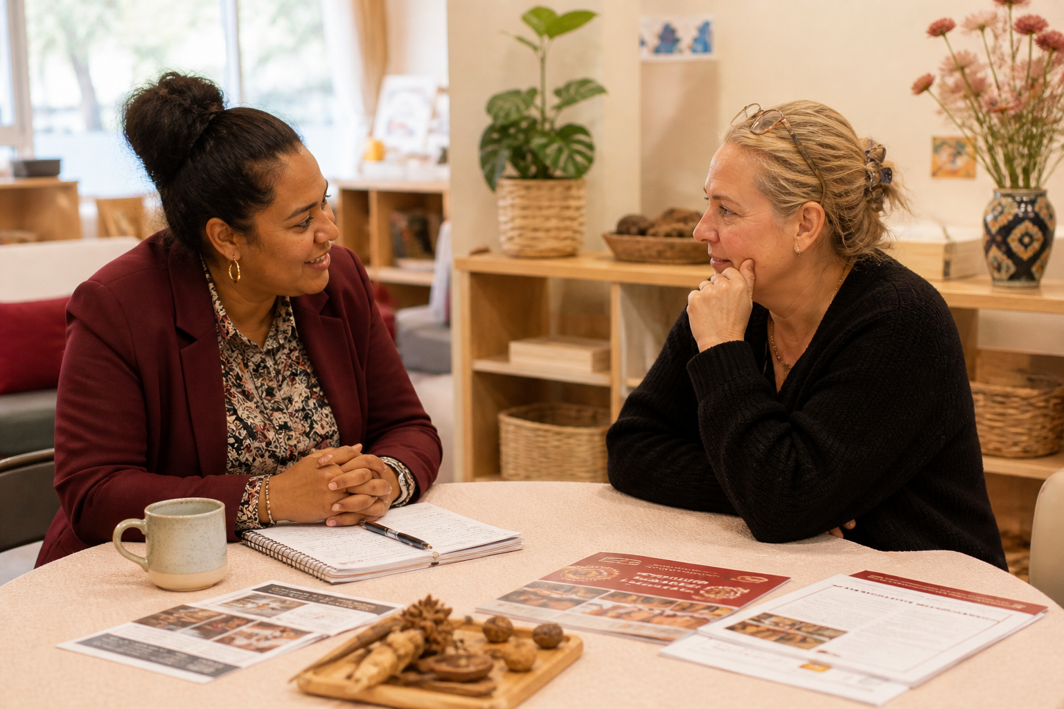 Two women sitting at a table having a conversation, with one woman smiling and the other listening thoughtfully, with documents, a mug, and a wooden platter of cookies on the table.
