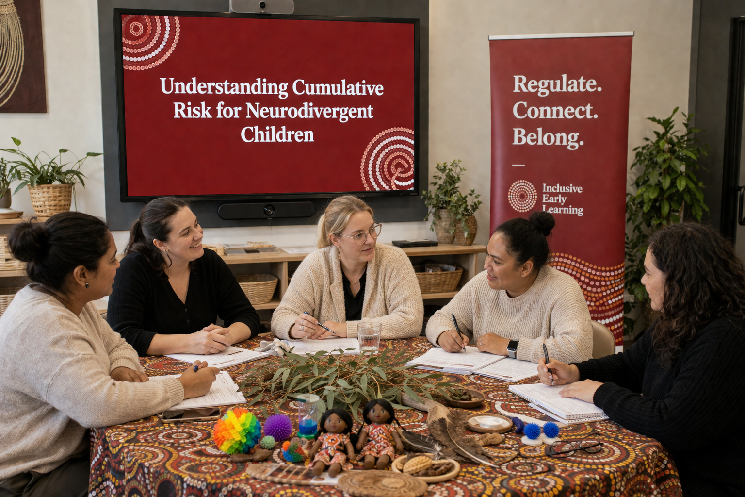 A group of five women gathered around a table during a discussion. In the background, a large screen displays a slide titled 'Understanding Cumulative Risk for Neurodivergent Children'. There are colorful toys and natural objects on the table, along with notebooks and pens.
