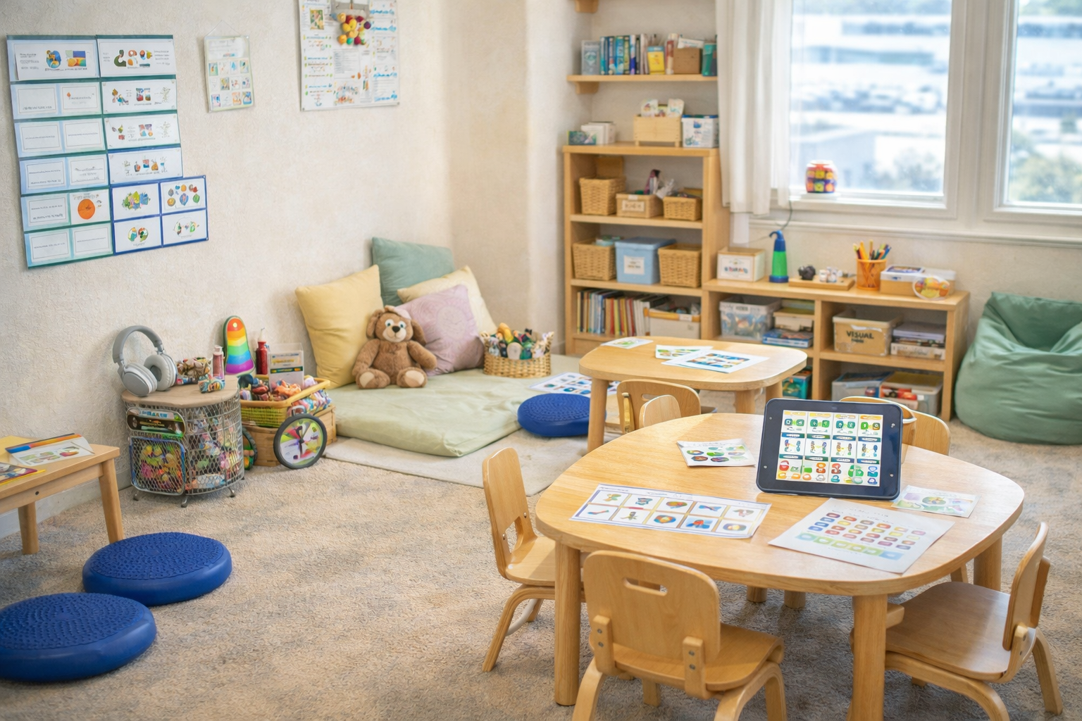 A cozy preschool or daycare classroom with small wooden tables and chairs, educational materials, toys, and books, with a window showing buildings outside.