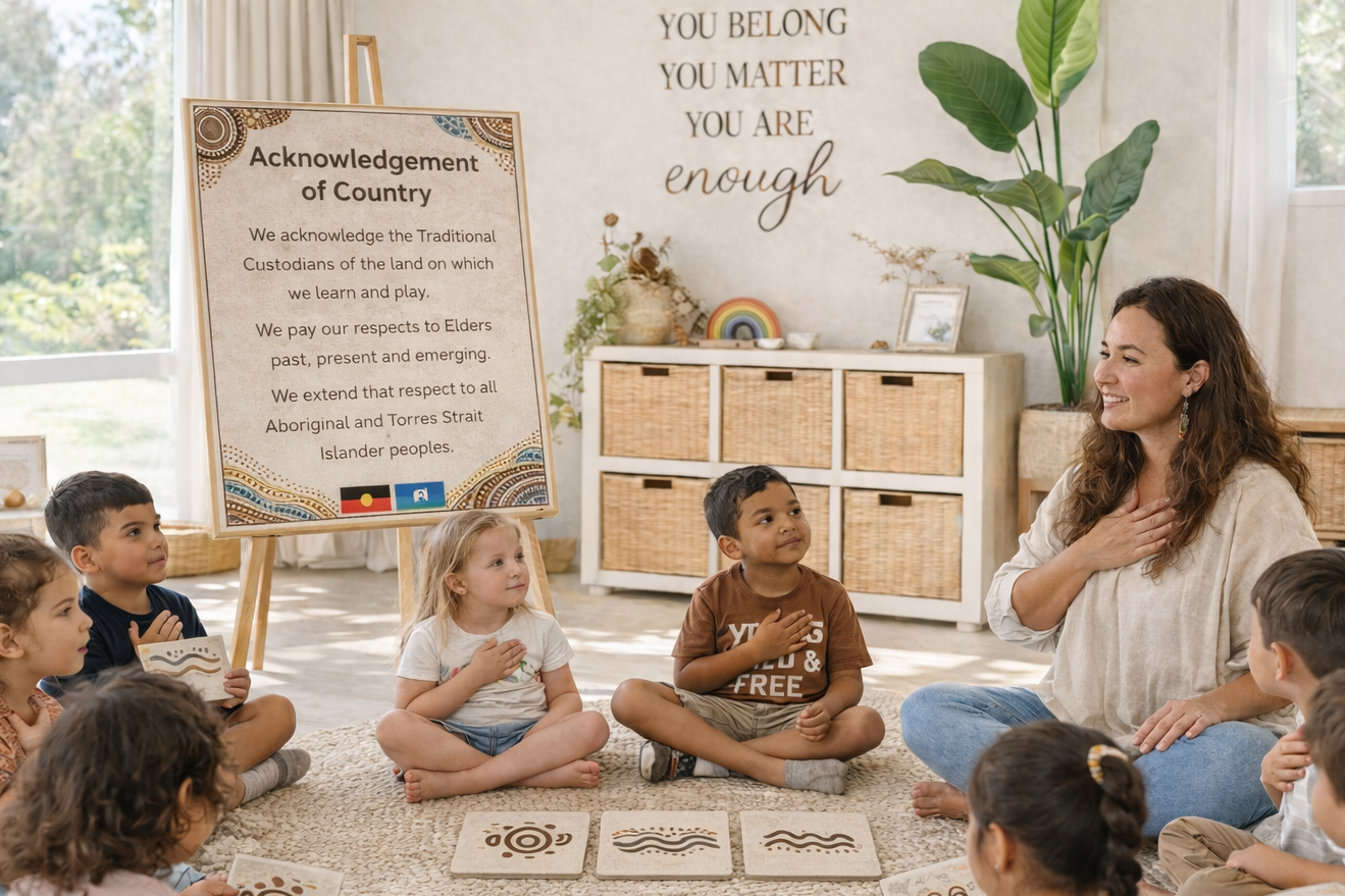 A diverse group of children sitting cross-legged on a carpet in a classroom, listening to a woman. A large sign with the Aboriginal flag and a statement about acknowledging traditional land is visible. The classroom has plants, framed artwork, and a motivational wall quote that says, 'You belong, you matter, you are enough.'