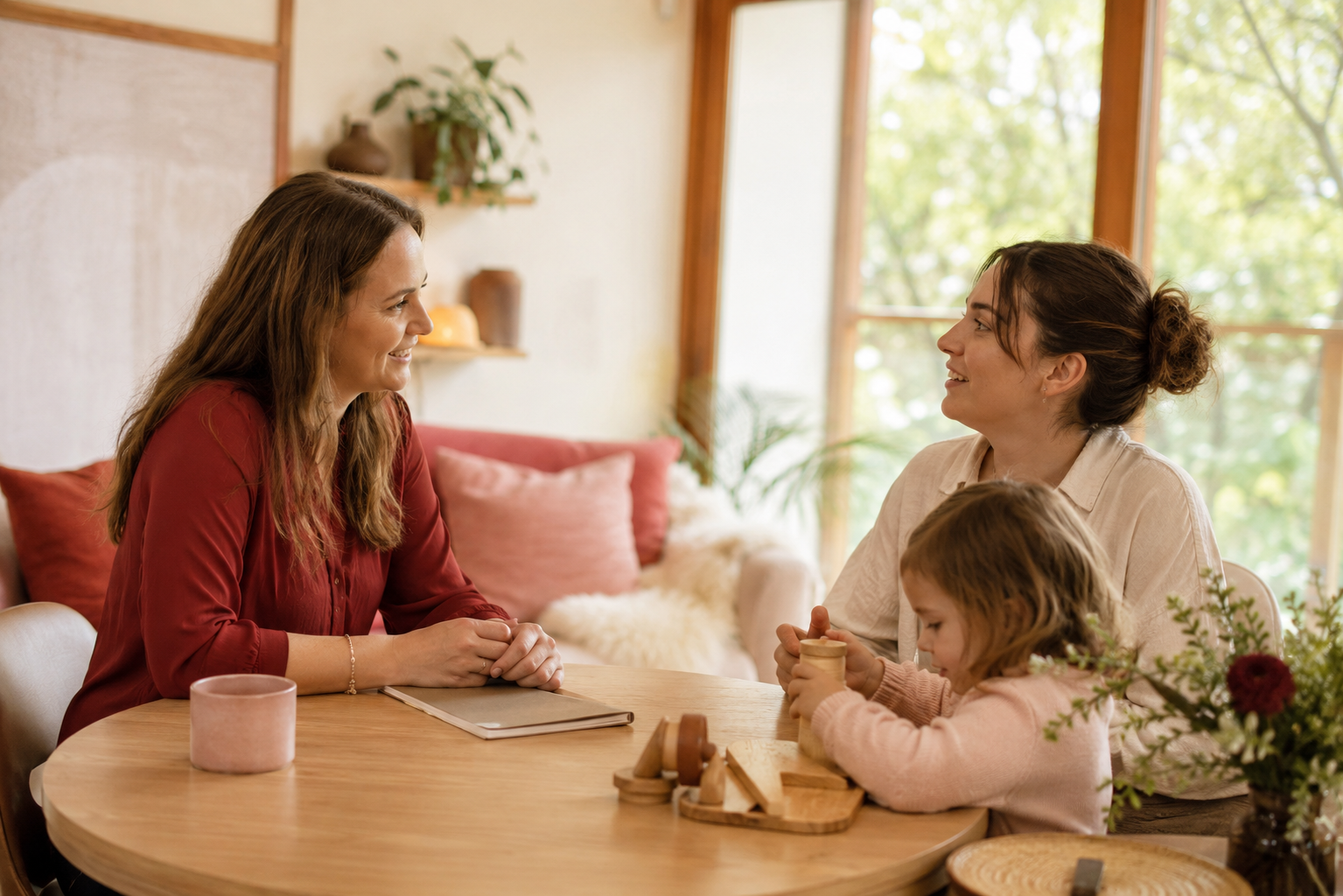 Three women and a young girl sitting at a round wooden table, engaging in conversation in a cozy, sunlit room with large windows, floral arrangements, and decorative pillows.