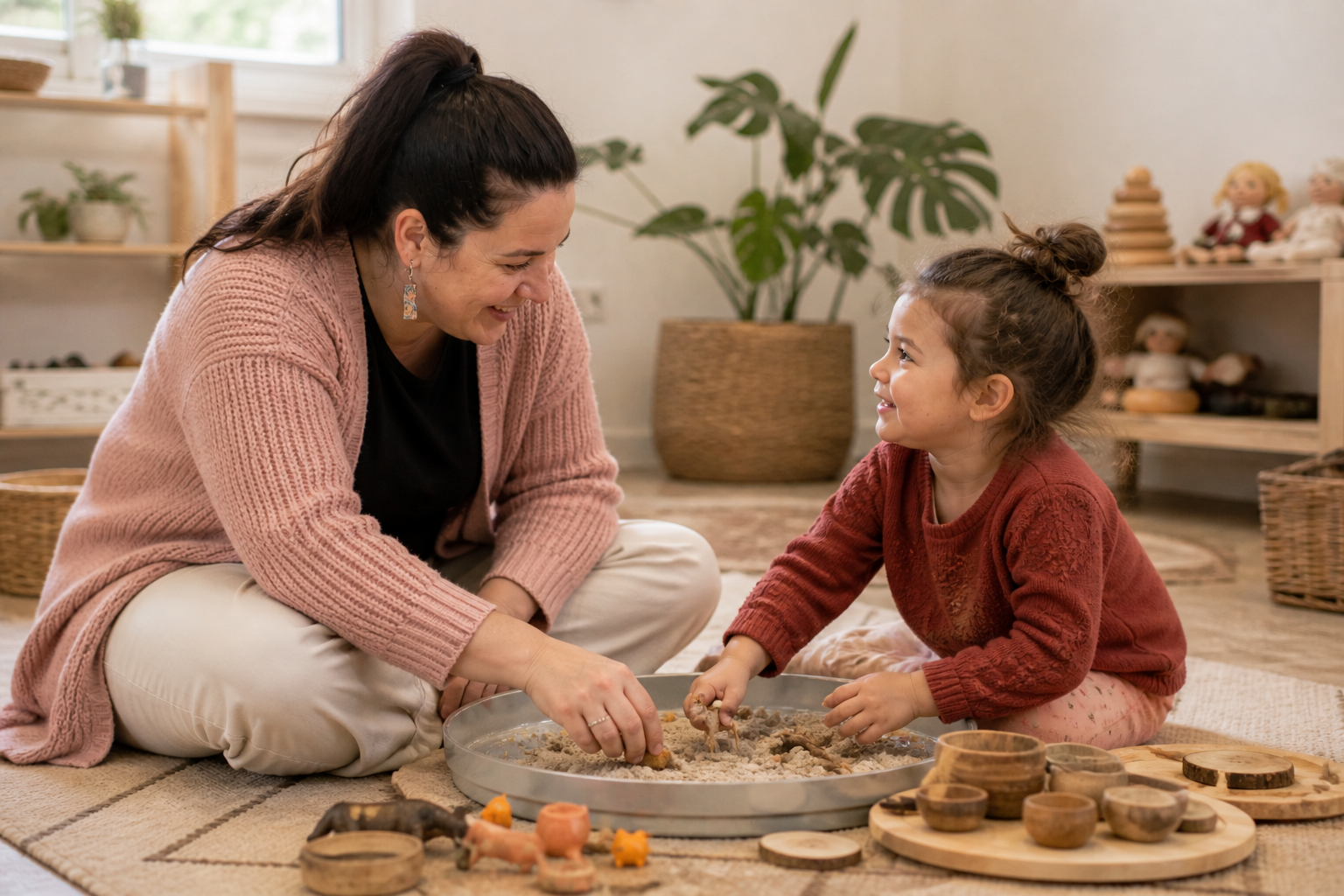 A woman and a young girl playing together on a beige rug, surrounded by wooden bowls and animal toys, smiling and engaging in a sensory play activity in a cozy room with large potted plants and shelving in the background.