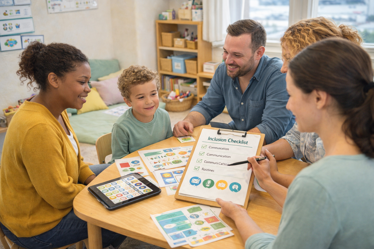 A group of adults and children sitting around a table in a classroom, engaging in a discussion. The table has educational materials, including sheets with pictures, a tablet, and a clipboard with an inclusion checklist. The classroom has bookshelves, decorated walls, and windows with a view outside.
