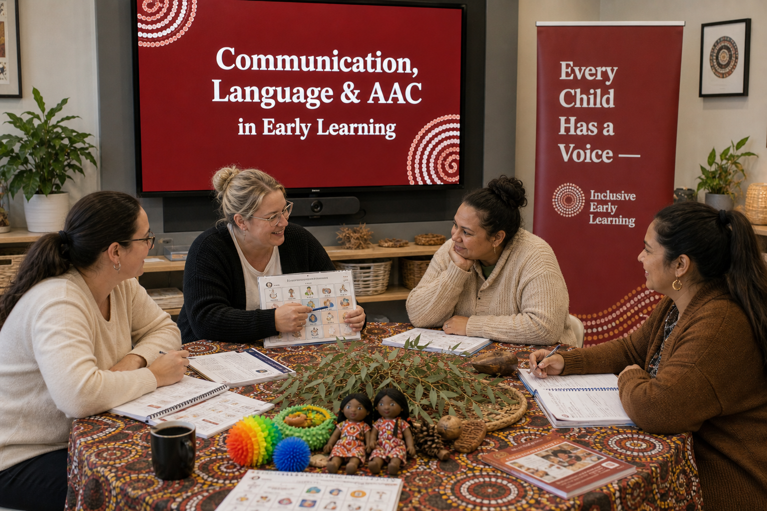 Four women participating in a discussion about early childhood communication, language, and AAC, seated around a table with educational materials and dolls in a meeting room with a large screen and banners on the topic of inclusive early learning.