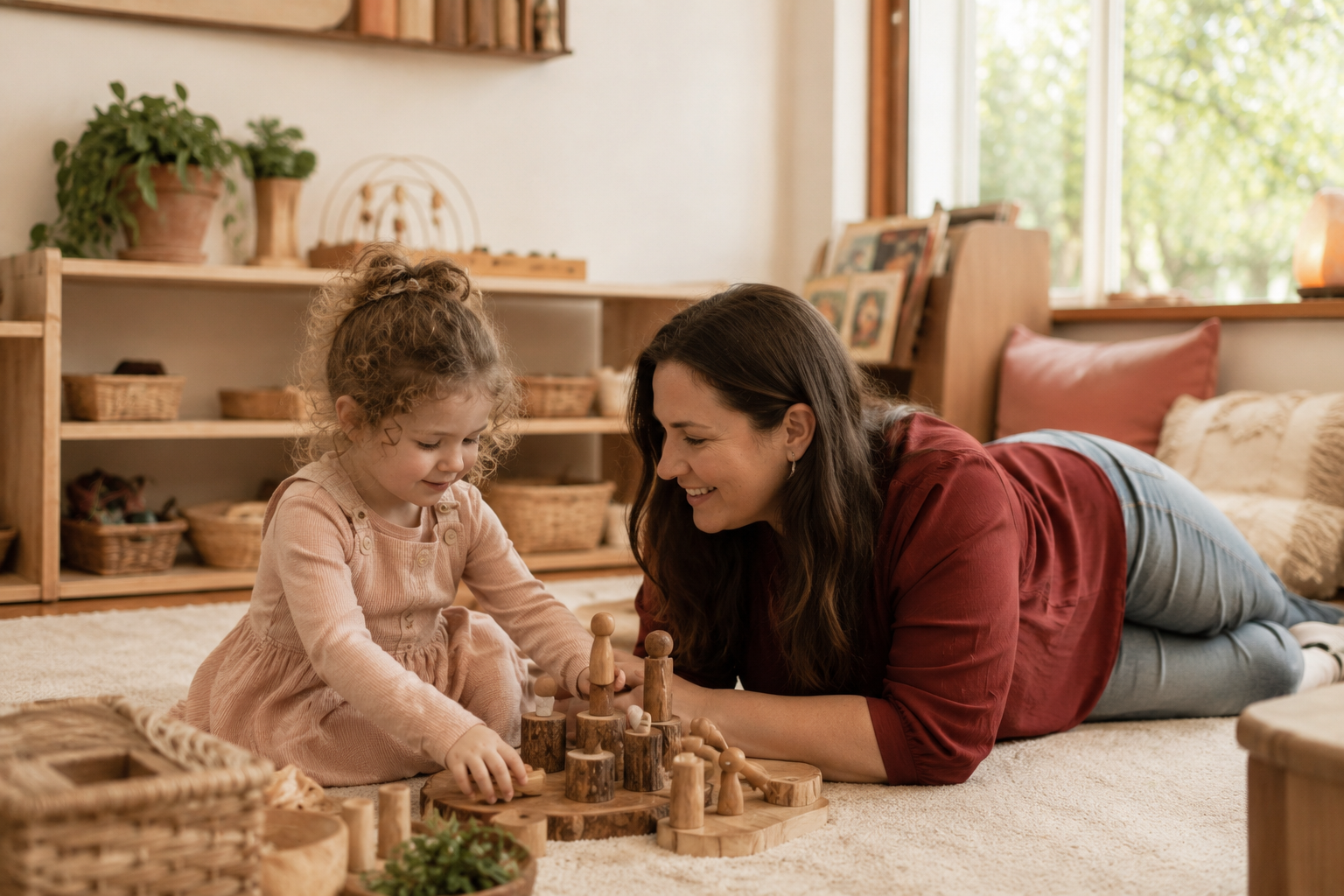 A woman and a young girl are playing a wooden game on the floor of a cozy, well-lit room with a window showing trees outside.