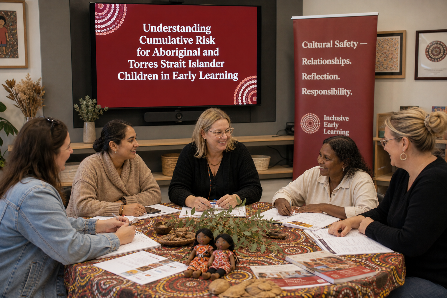 A group of five women sitting around a table, smiling and having a discussion at a meeting on early childhood learning. There are papers, a phone, and decorative items on the table. A large screen in the background displays the title "Understanding Cumulative Risk for Aboriginal and Torres Strait Islander Children in Early Learning." The setting appears to be a community or conference room, with banners and framed artwork on the walls.