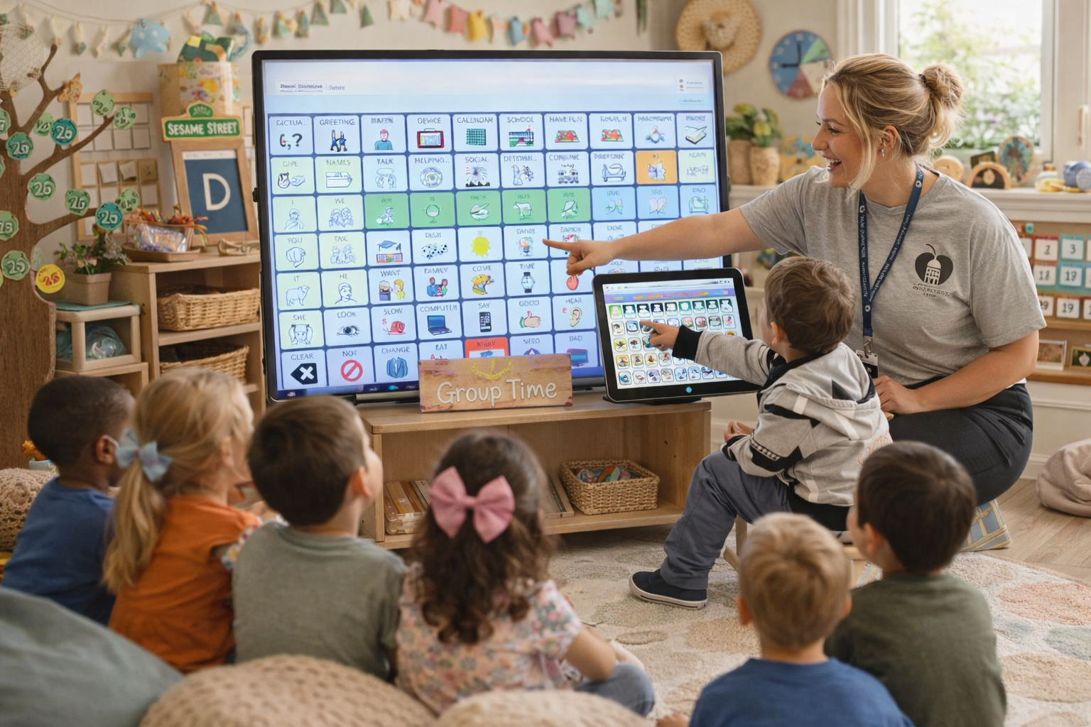 A group of children sitting on the floor in a classroom, attentively watching a teacher and a young student using a tablet and a large screen to learn with picture-based communication symbols.