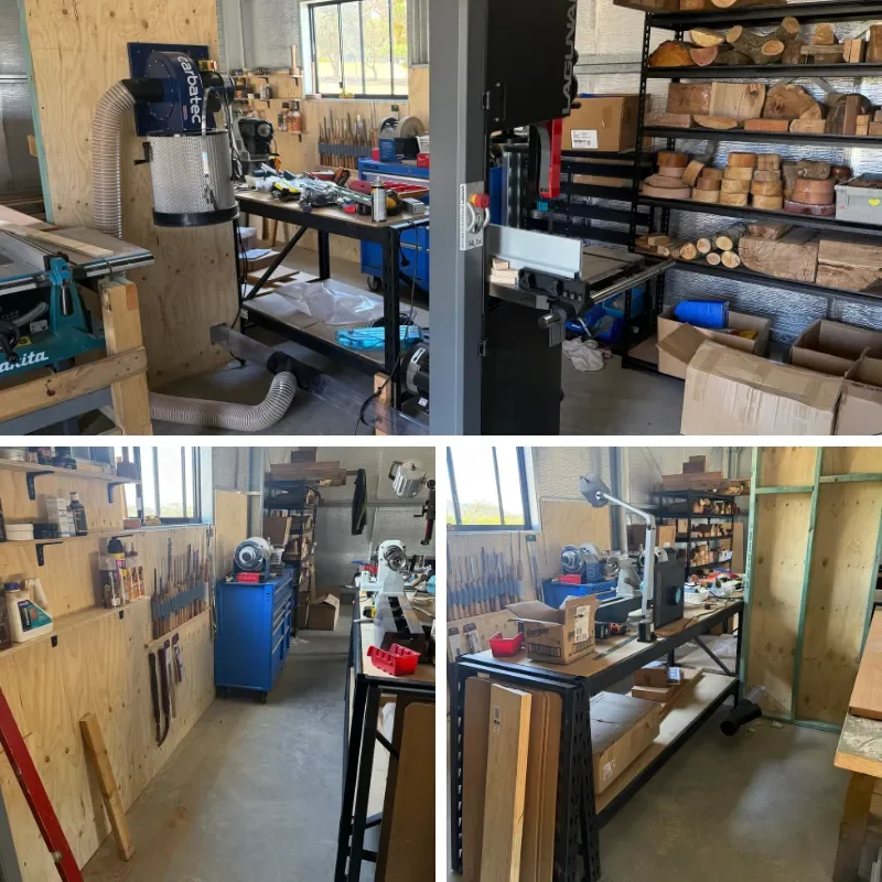 Photos of a woodworking workshop with tools, wood pieces, and workbenches.