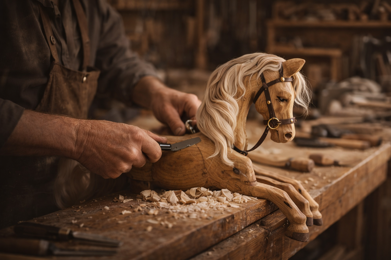 A craftsman carving a wooden horse sculpture in a woodworking shop.