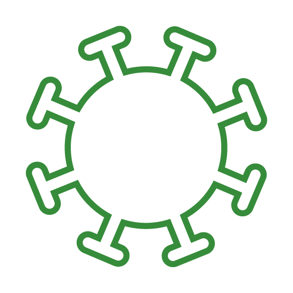 Illustration of a virus with a circular outline and spike proteins extending outward, depicted in green.
