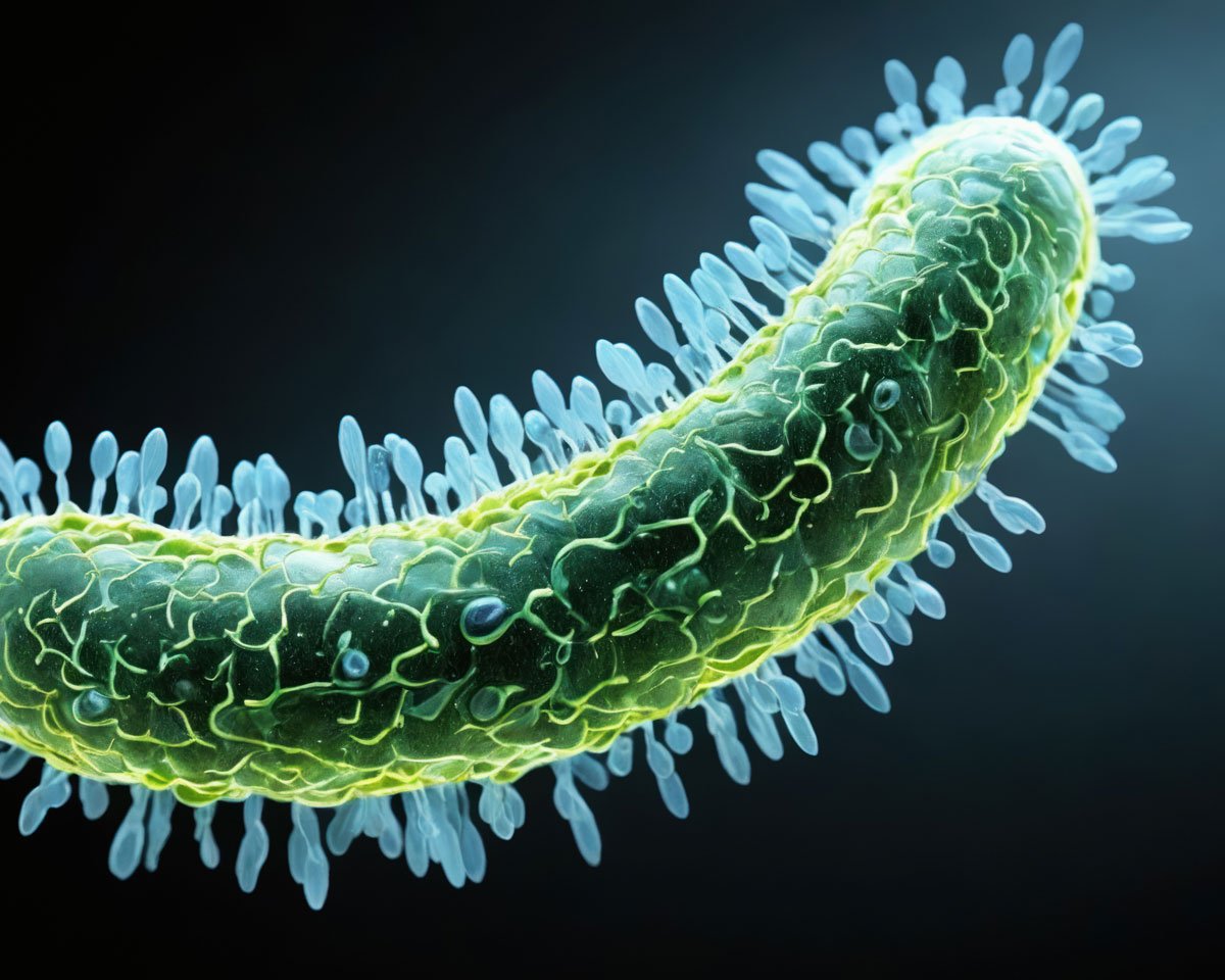 A magnified illustration of a green bacteria with numerous hair-like structures around it.