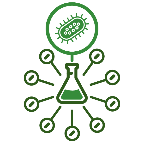 Green laboratory beaker connected to a molecule with a bacterium inside a circle at the top.