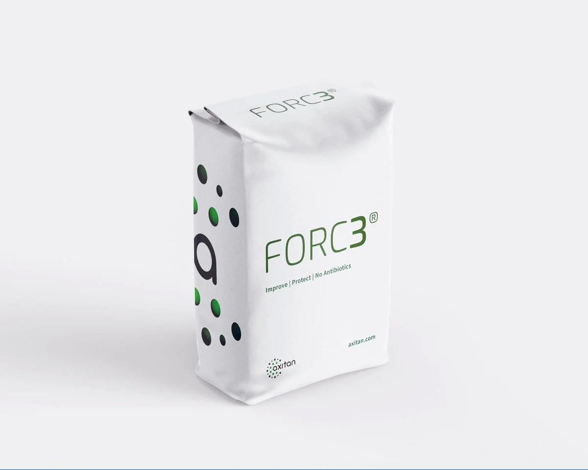 White packaging bag labeled FORC3 with green and black design elements, including dots, and the tagline "Improve | Protect | No Antibiotics" from Axtan.