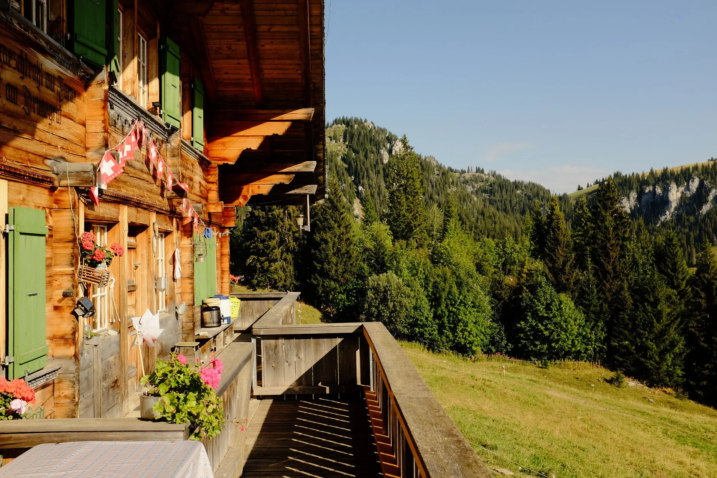 Game of Life - Ein Holzhaus mit grünen Fensterläden und einer Holzveranda, dekoriert mit Schweizer Fähnchen. Im Hintergrund sieht man einen bewaldeten Berg und einen blauen Himmel.