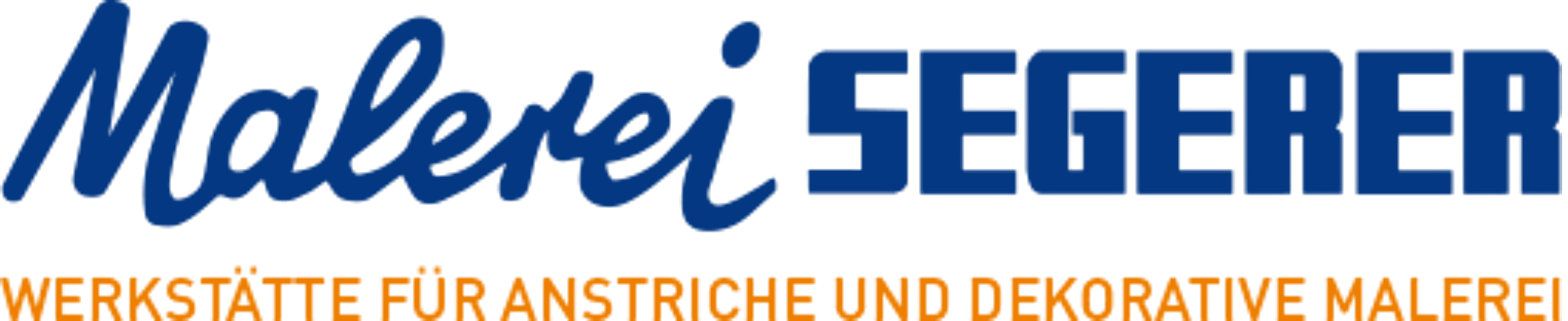 Logo mit der Aufschrift "Malerei-Seeser" und darunter in orange Schrift "Werkstätte für anstriche und dekorative malerei".