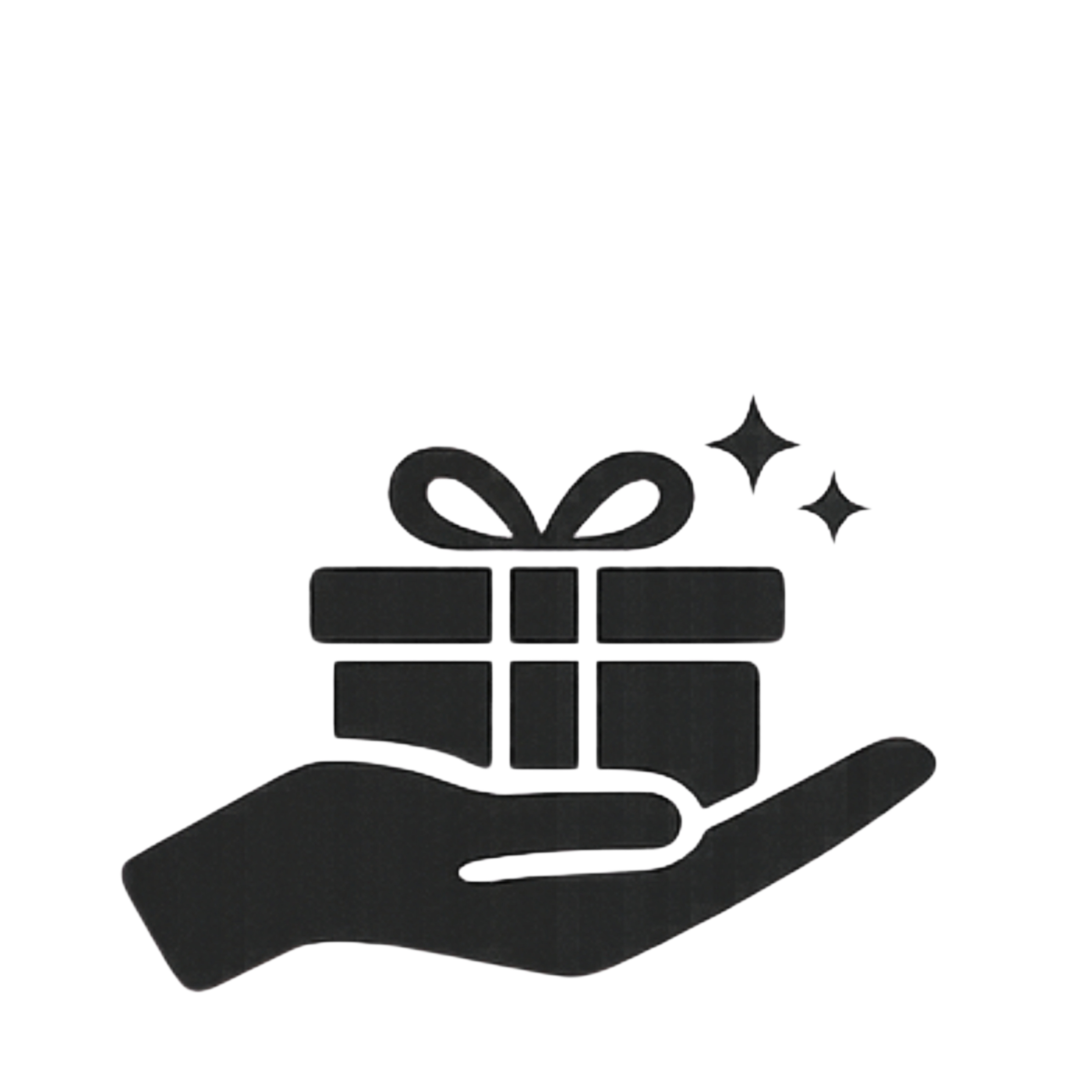 A black silhouette of a hand holding a gift box with a bow, accompanied by sparkling stars.