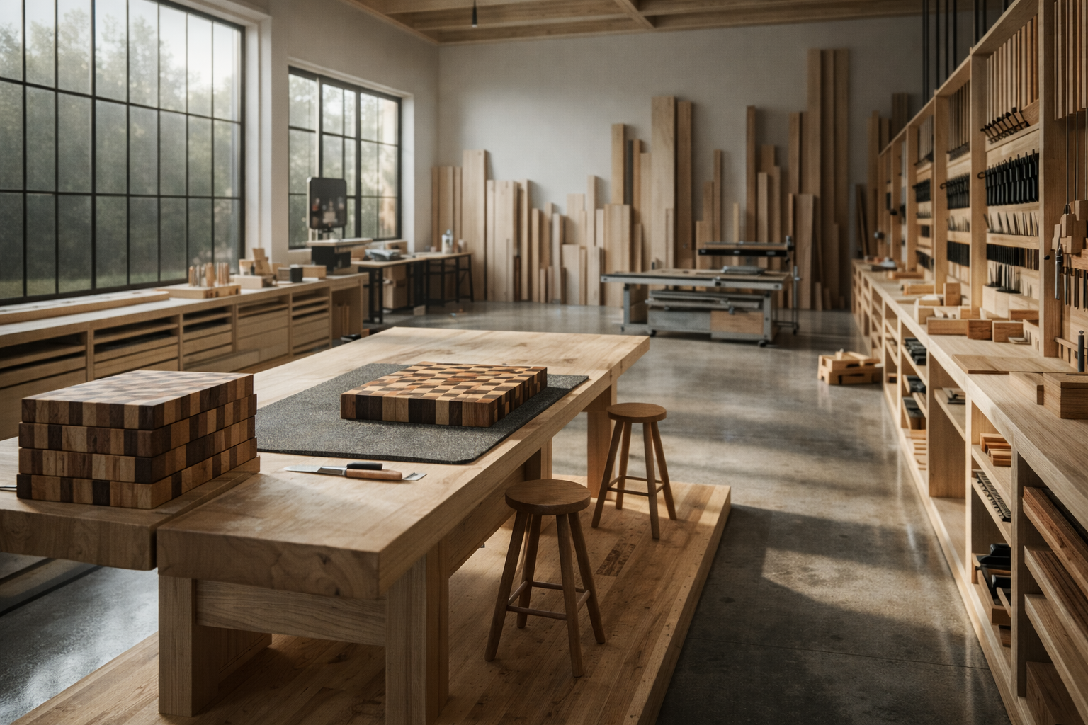 Woodworking studio with large workbench, chessboard, and stacked wood pieces in natural light from large windows.