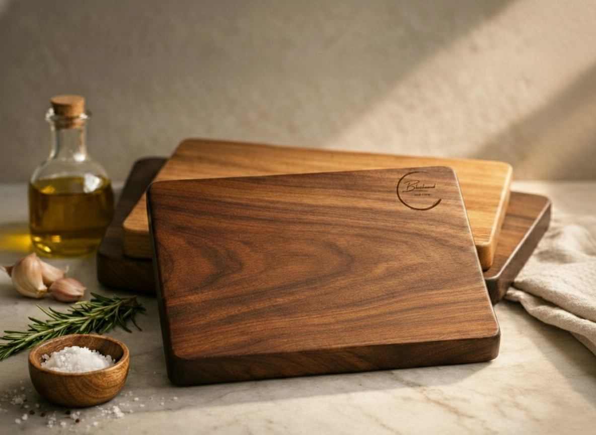 Three wooden cutting boards stacked on a light-colored surface, with a bottle of olive oil, garlic cloves, a sprig of rosemary, and a small bowl of salt nearby.
