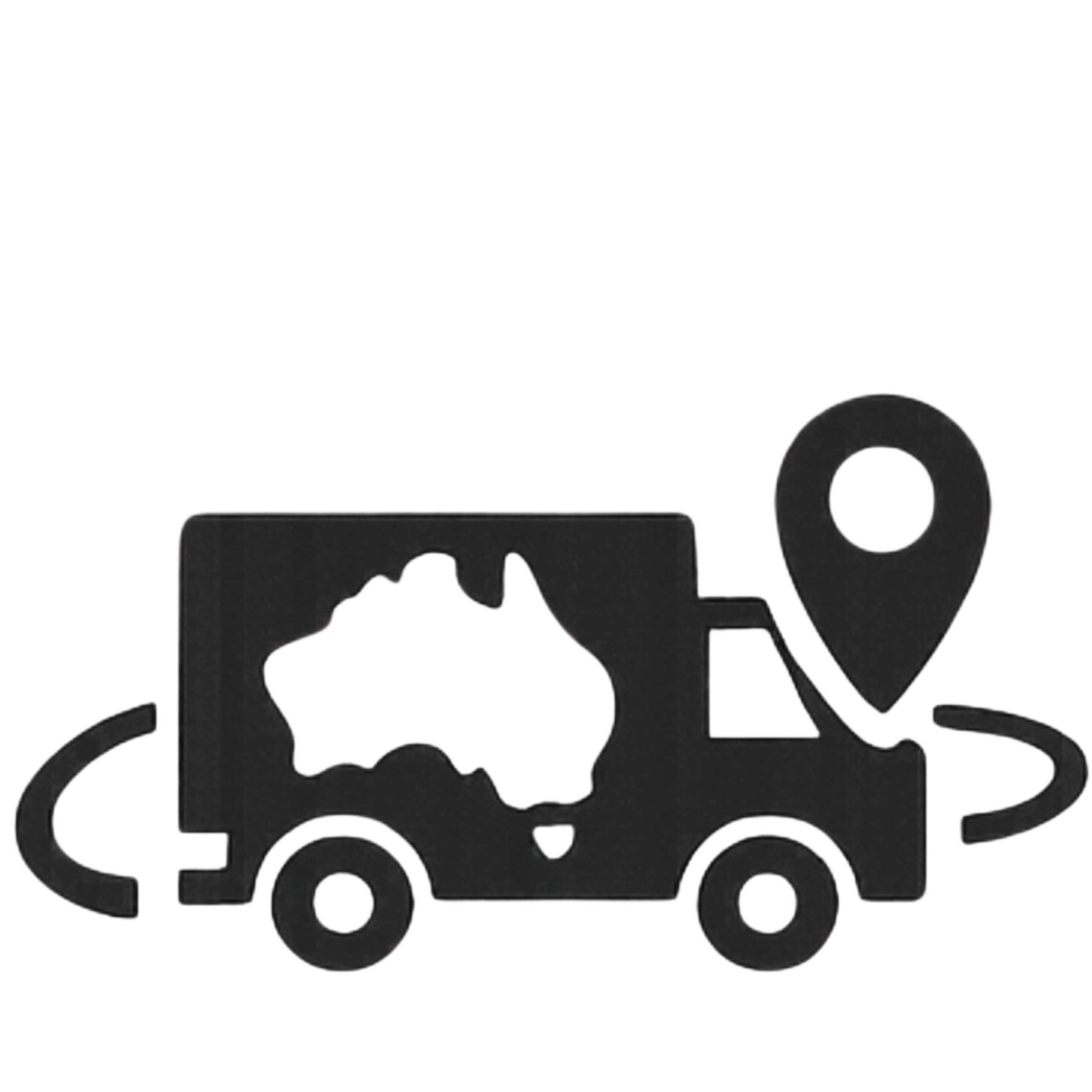 Black cutout of a delivery truck with a sidewalk chalk outline of Australia and a location pin on the side.