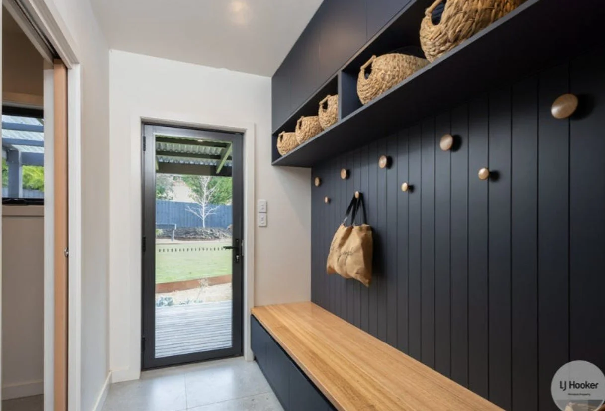 Custom mudroom storage in a Southern Tasmania home