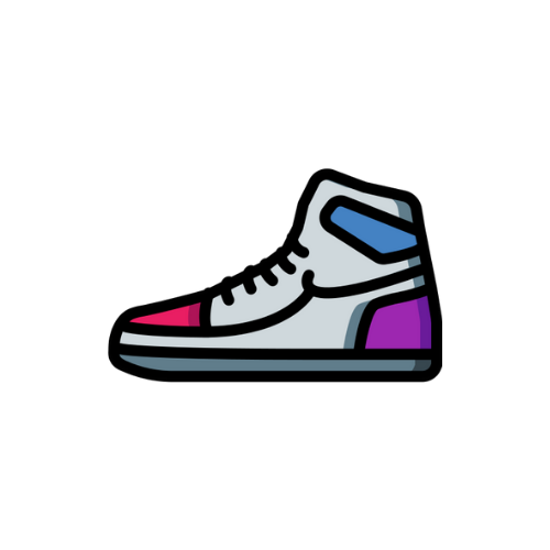 Colorful sneaker with gray, pink, purple, and blue accents.