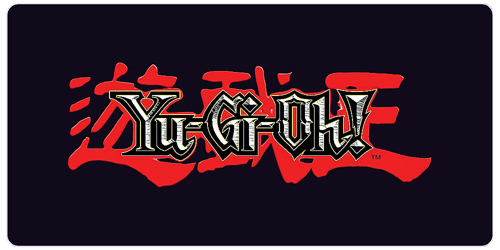 Yu-Gi-Oh! logo with stylized text in black and white, overlaying red calligraphic background on a dark background.