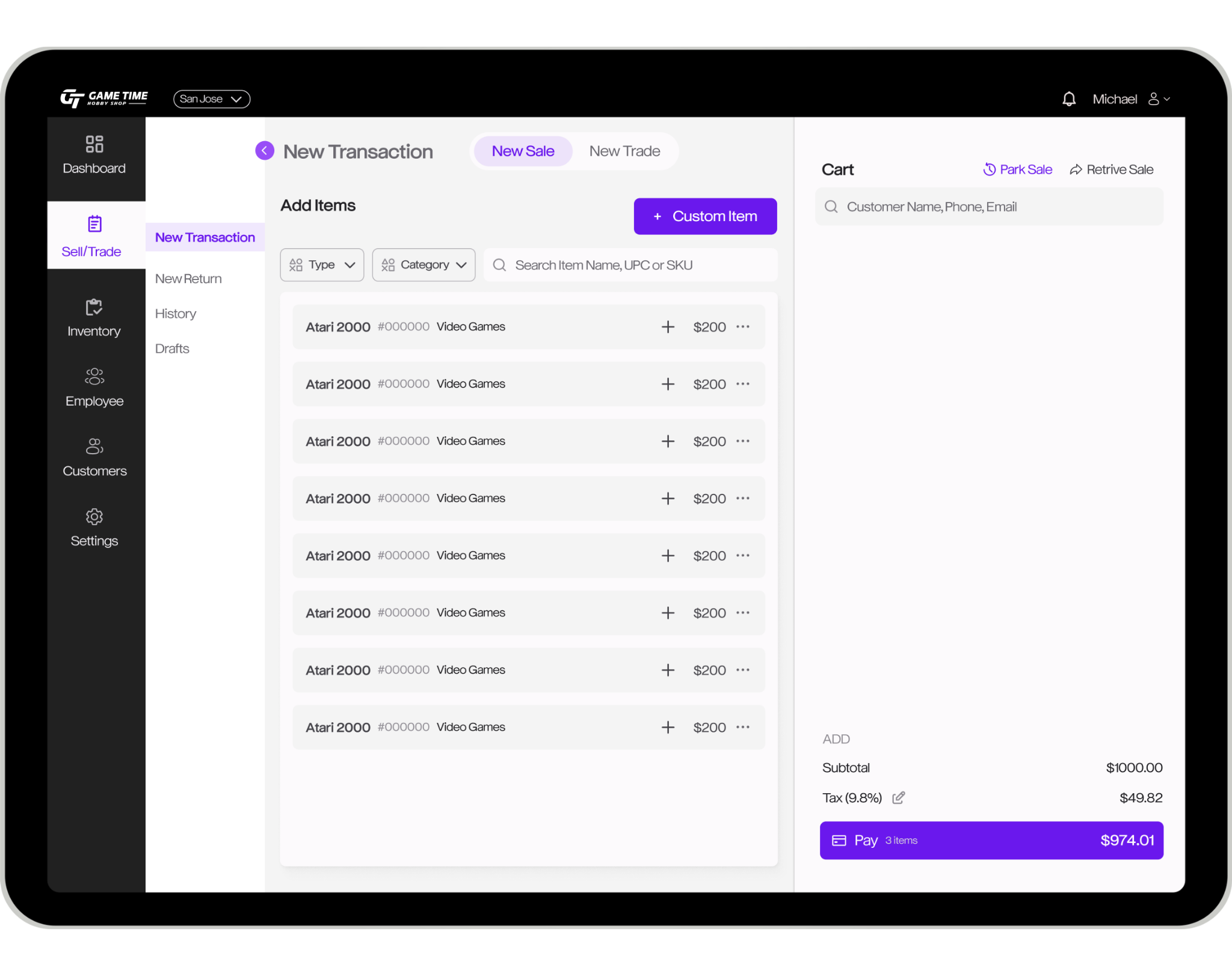 An online inventory and sales management dashboard on a computer screen showing a transaction for multiple Atari 2000 video games, each costing $200, with a subtotal of $1000 and a total of $974.01 after taxes.