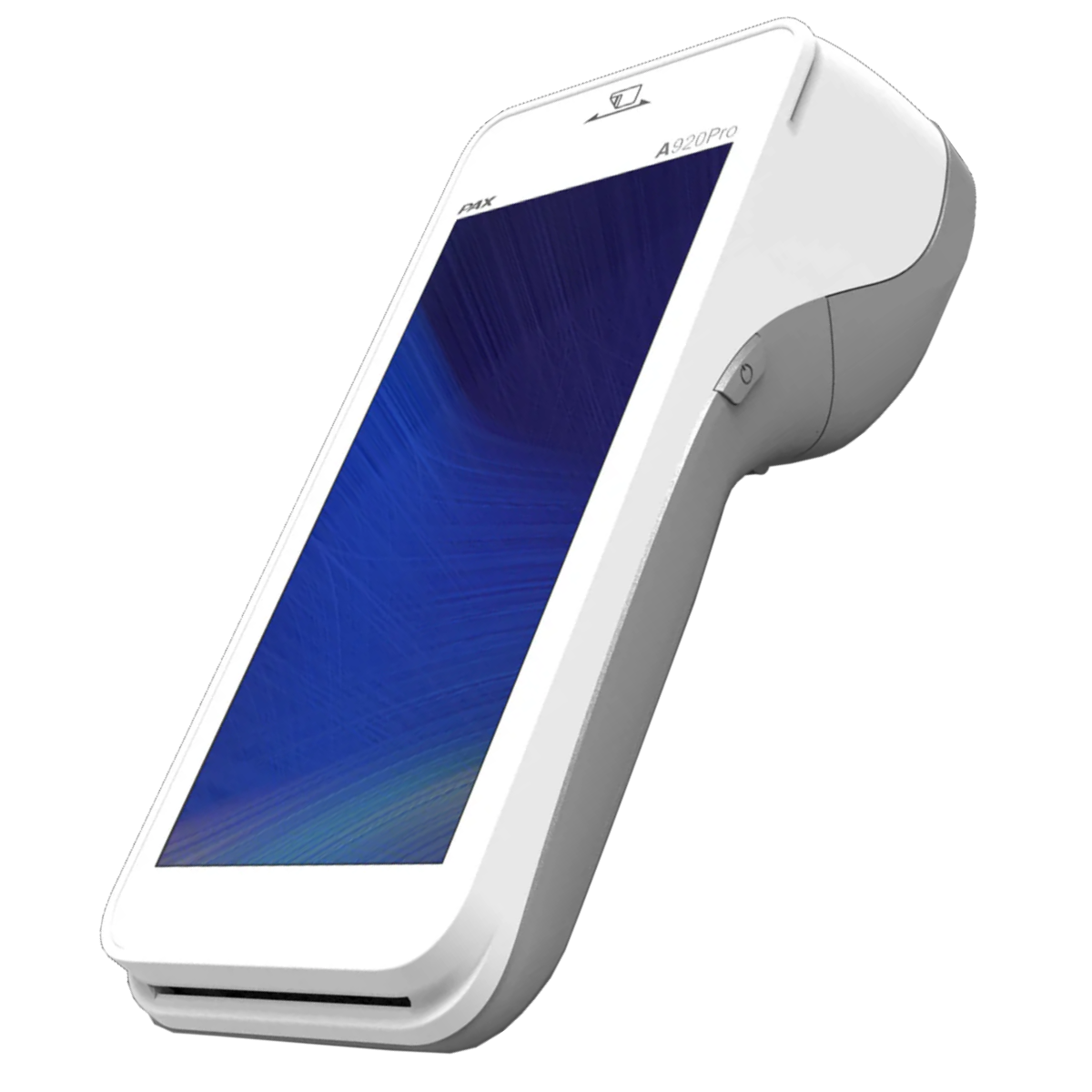 White and gray handheld device with a digital screen displaying a blue pattern, used for medical or healthcare purposes.