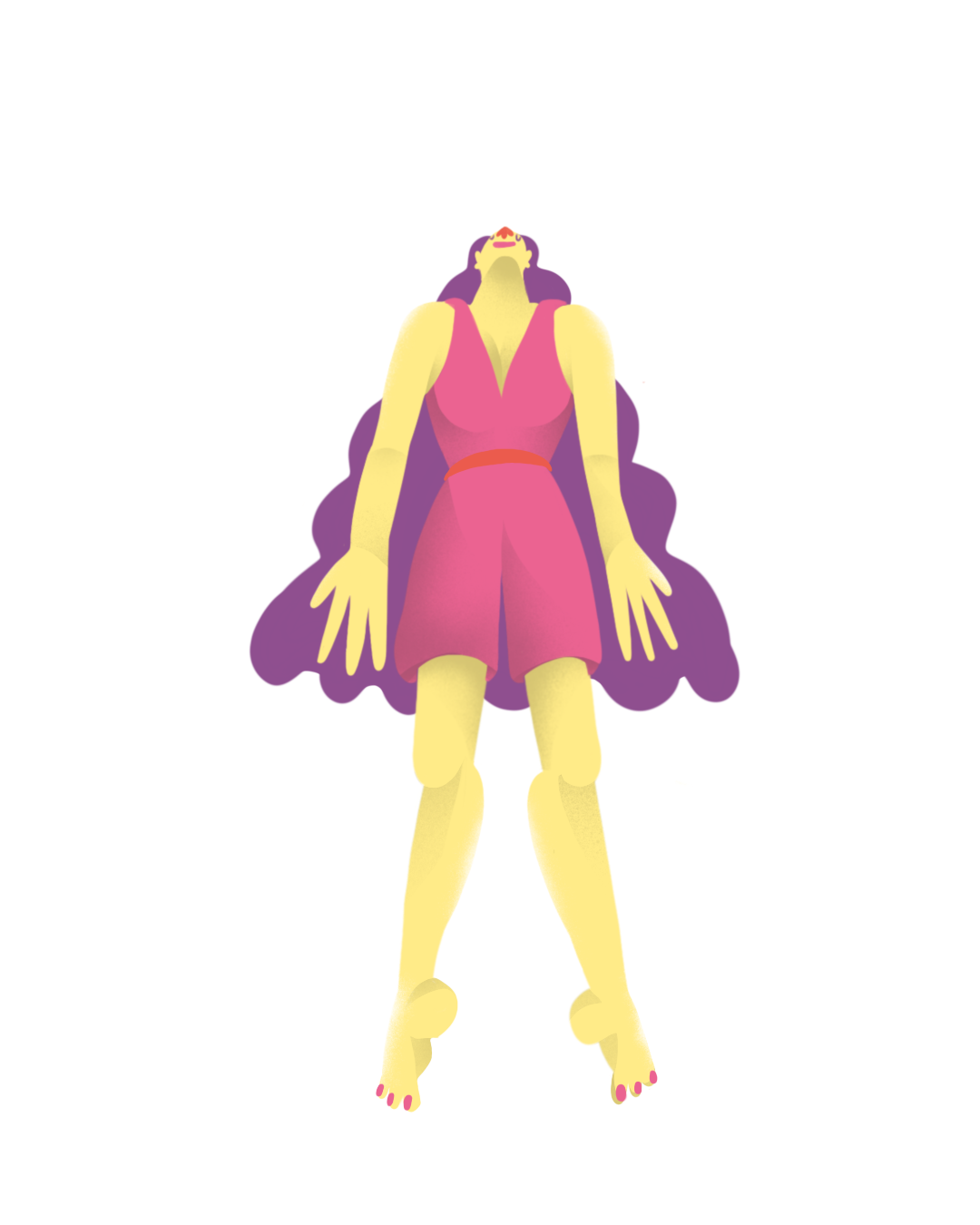 illustration of a girl flying with curly hair from below