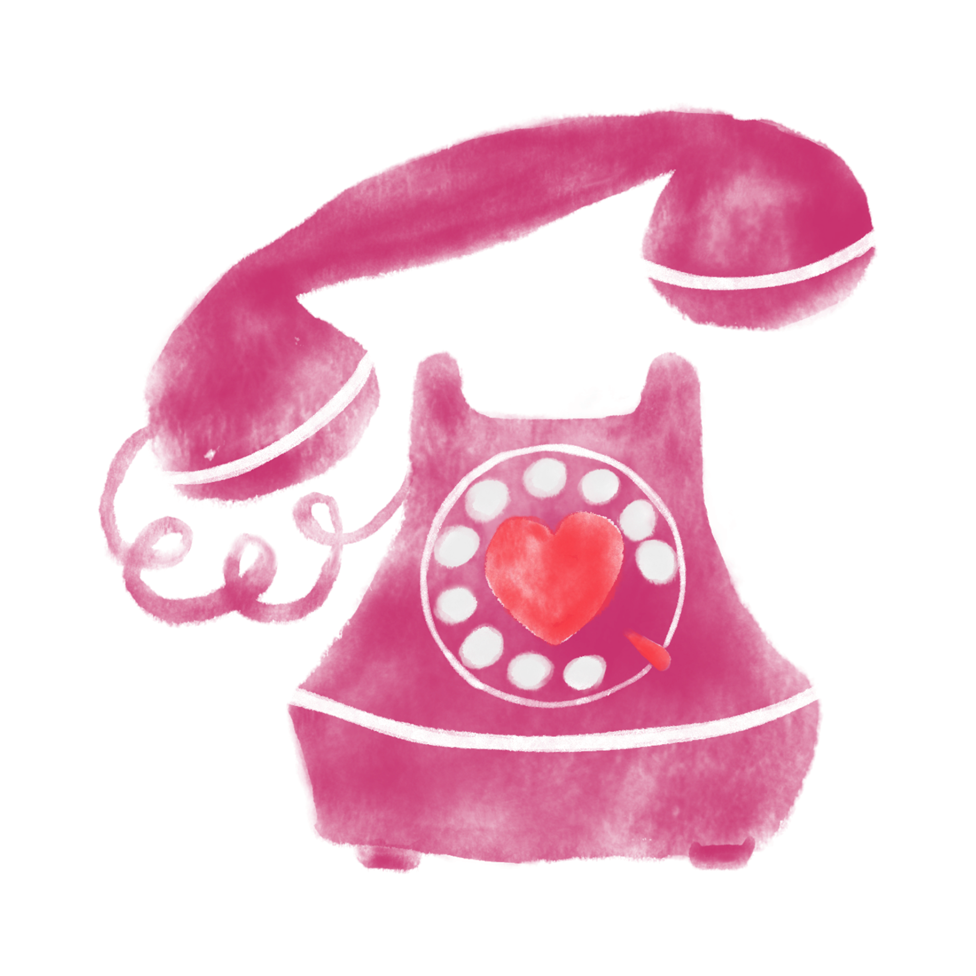 Pink illustrated vintage rotary phone with a heart in the center, the dial shows a red heart, and the cord connects to a receiver resting above the phone.