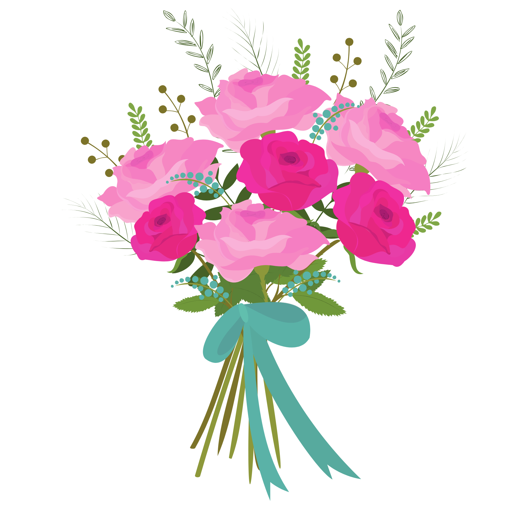 A digital illustration of a bouquet of pink and purple roses with green leaves, tied with a blue ribbon.