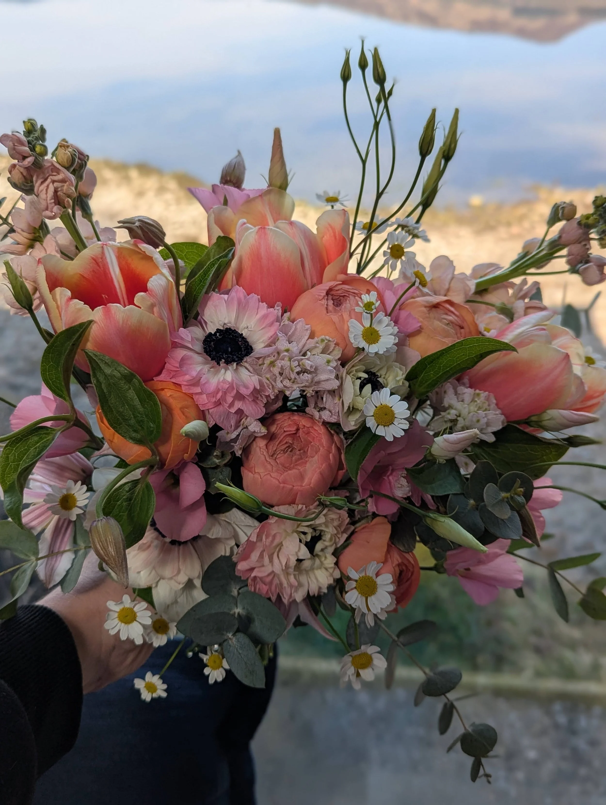 A hand holding a large bouquet of mixed pink and peach tulips, daisies, and other flowers against a backdrop of sky and landscape.