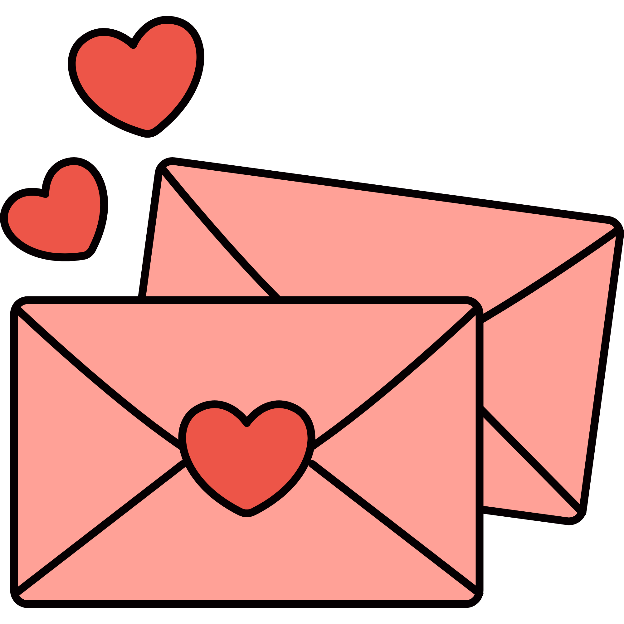 Two pink love letters with red heart seals, and two additional red hearts floating nearby.