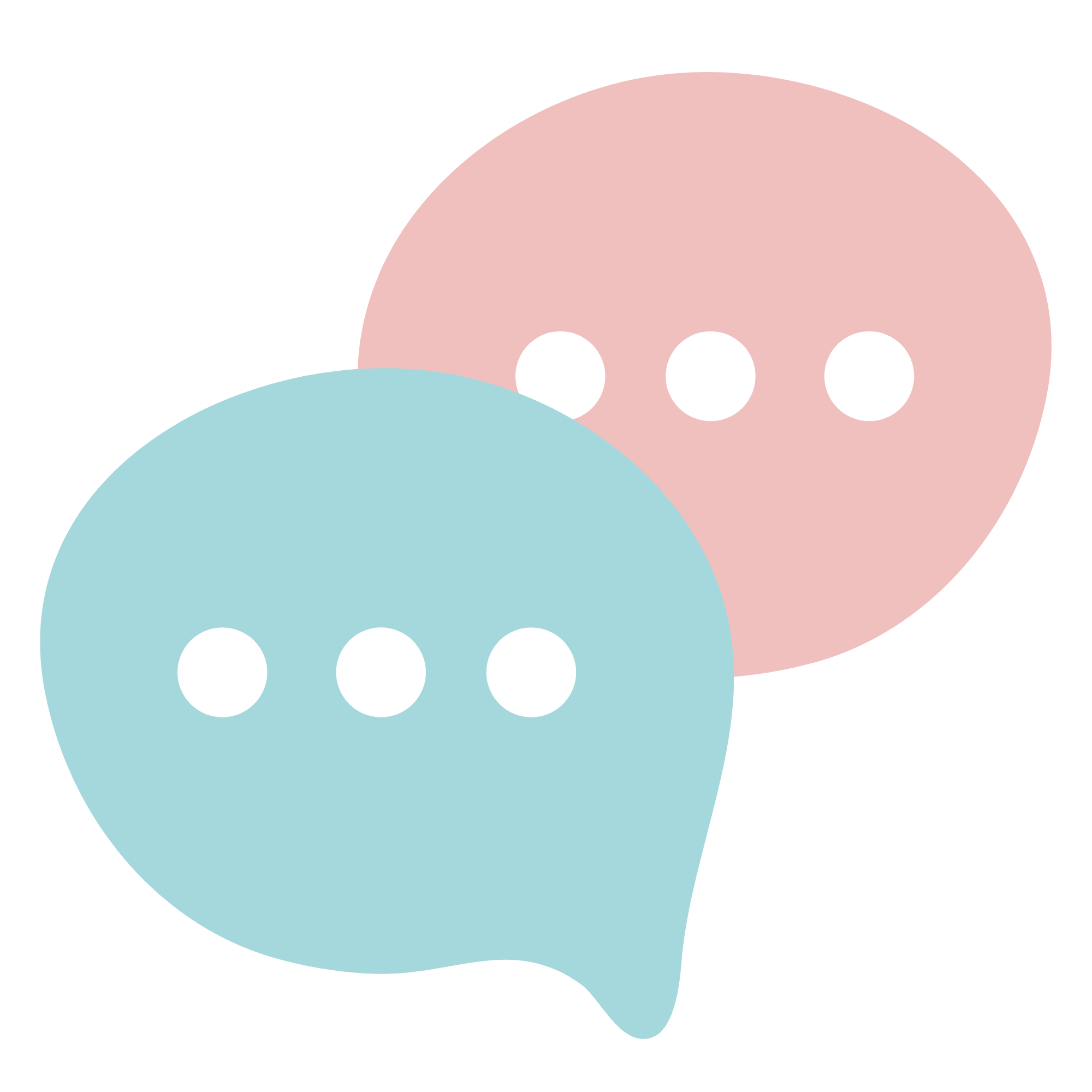 Two overlapping speech bubbles, one pink with three white dots and one blue with three white dots.
