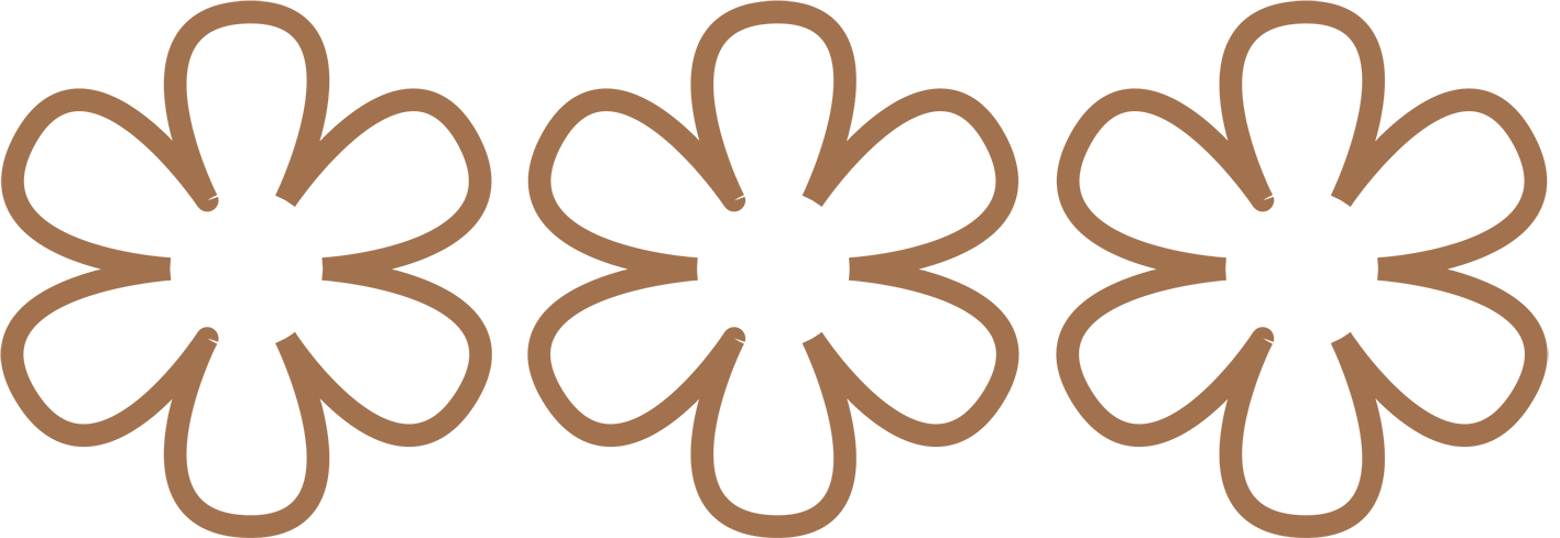 Three stylized brown flowers with five petals each, arranged in a horizontal row.