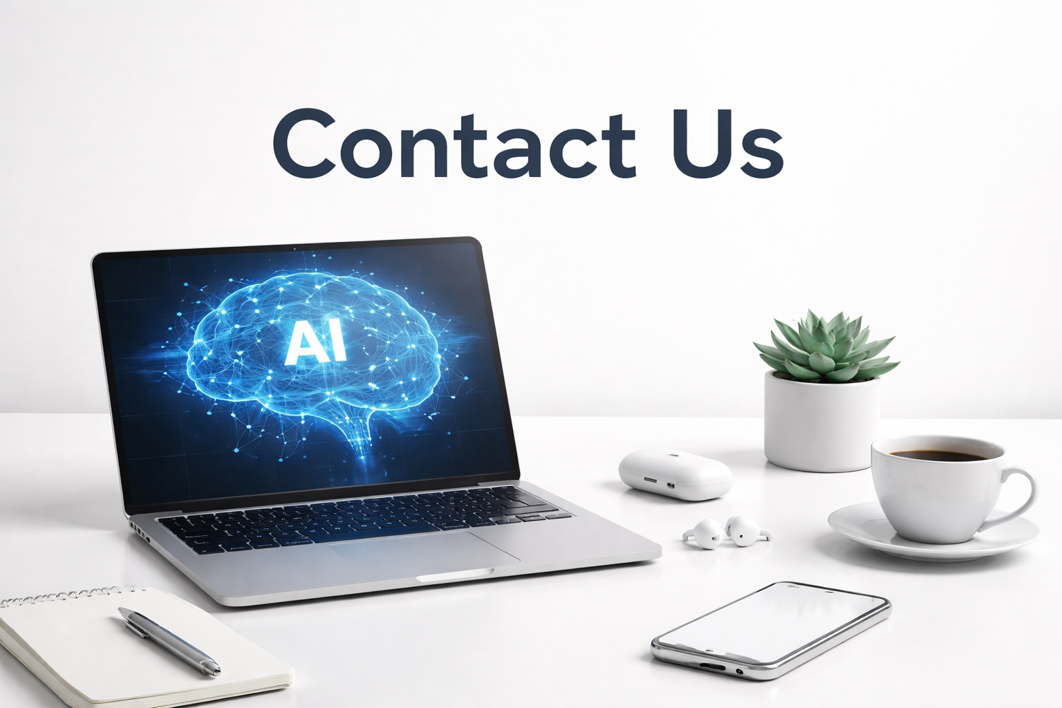 A workspace with a laptop displaying a digital brain with the letters "AI" inside, a white wireless mouse, white earbuds, a smartphone, a potted succulent, a cup of coffee on a saucer, a notebook with a pen, and the words "Contact Us" on a white background.