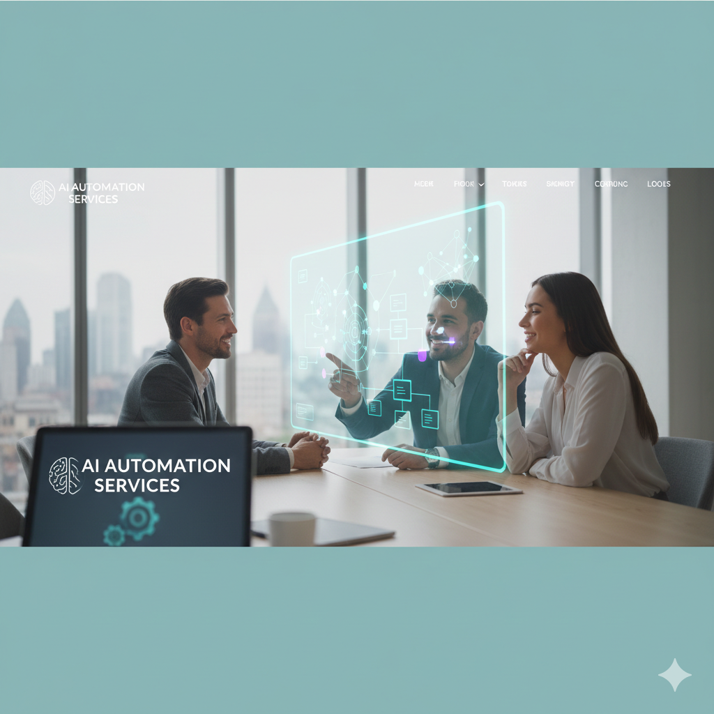 Three professionals sitting at a conference table engaging with a holographic digital interface featuring icons and graphs, in a modern office with a cityscape view.