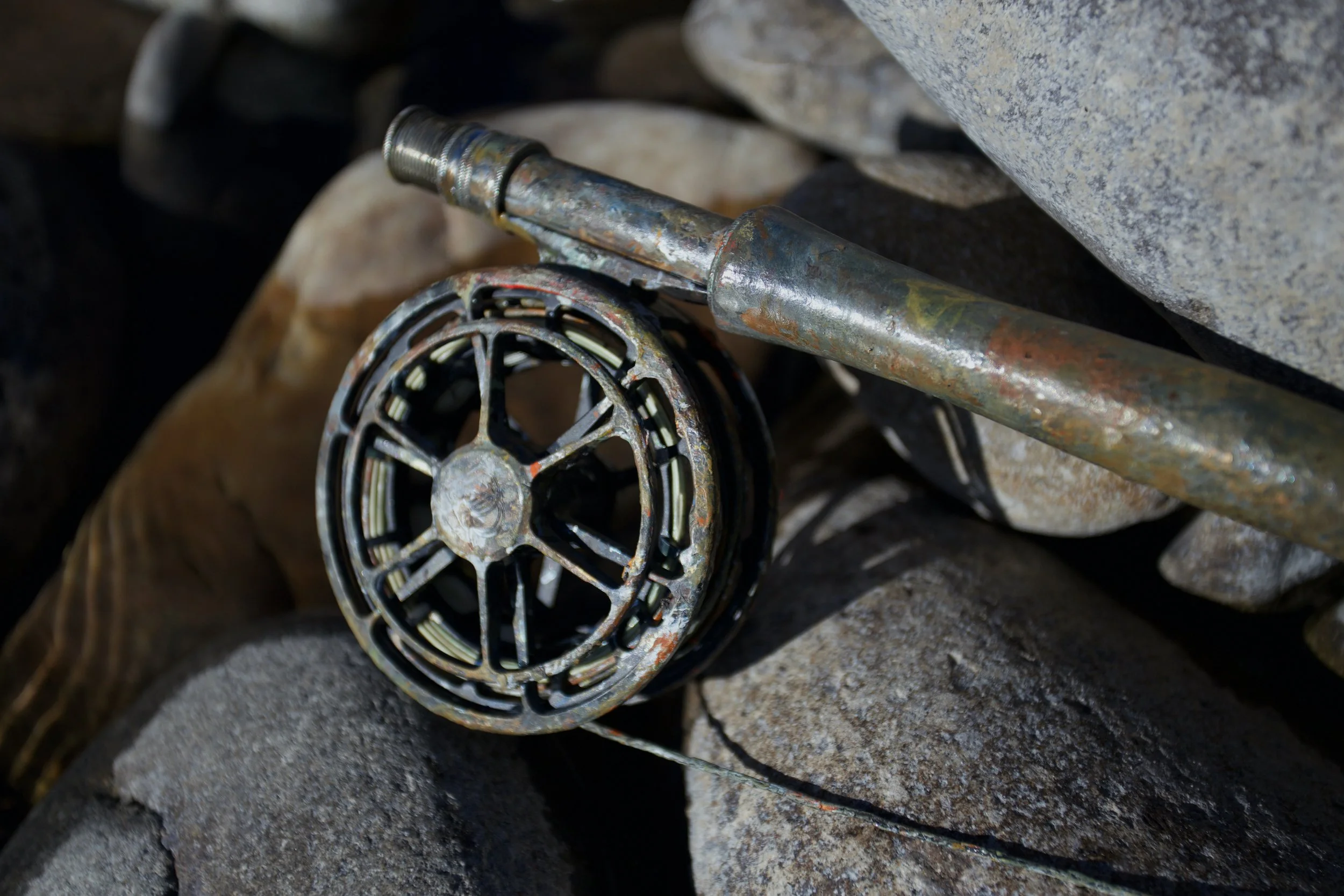 A rusty fishing reel and rod resting on rocks along a shoreline.