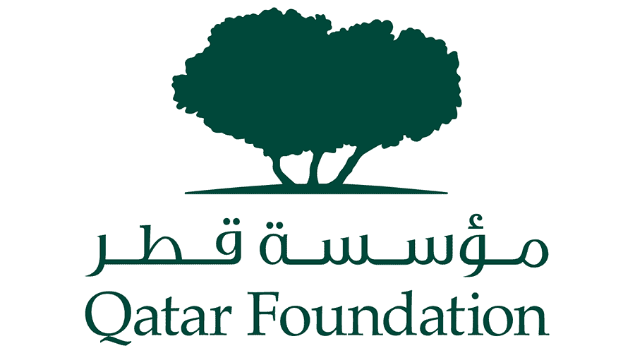 Logo of Qatar Foundation featuring a large green tree above the organization name in Arabic and English.