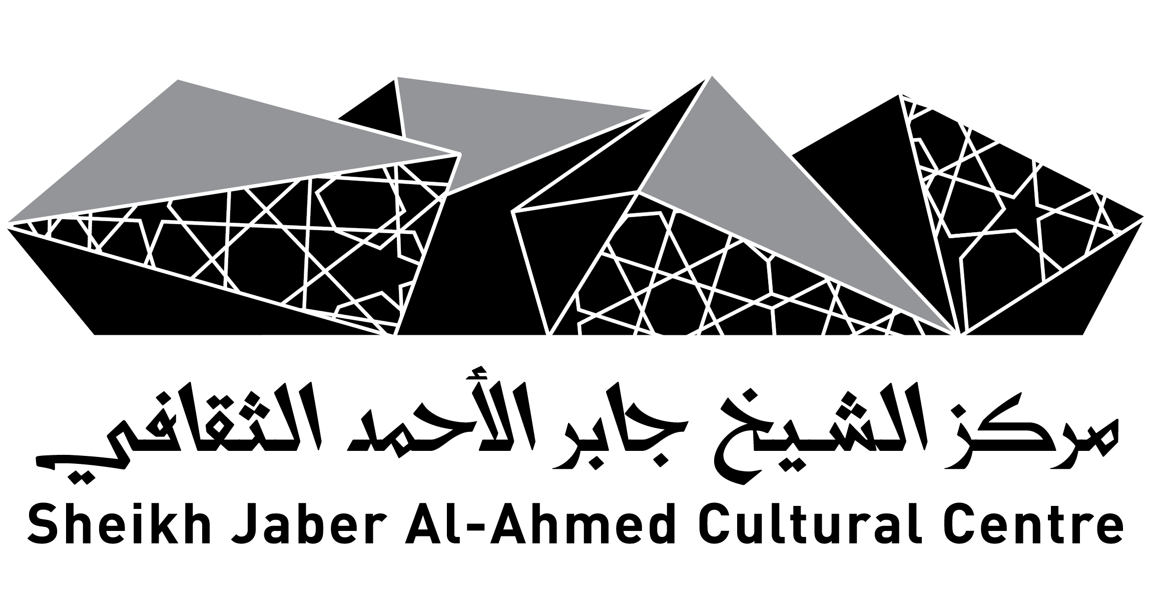 Abstract black background with white and gray geometric shapes resembling faceted gemstones or crystals.