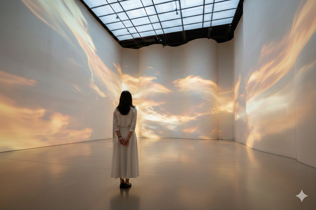 A woman in a white dress stands in an art installation with large digital projections of a cloudy sunset on the walls, and a skylight ceiling above.