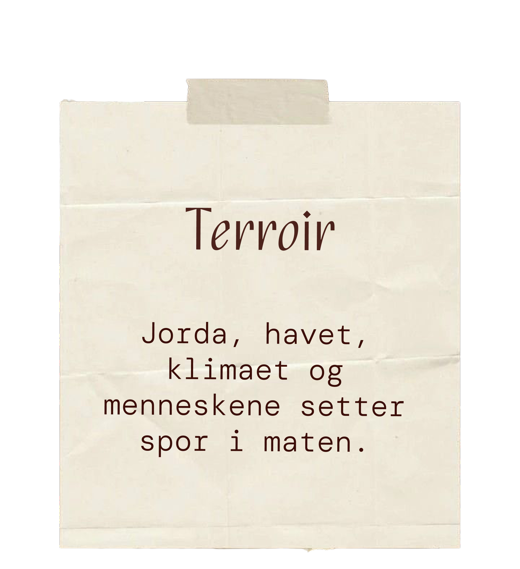 En papirlapp med påskriften: Terroir. Jorda, havet, klimaet og menneskene setter spor i maten.