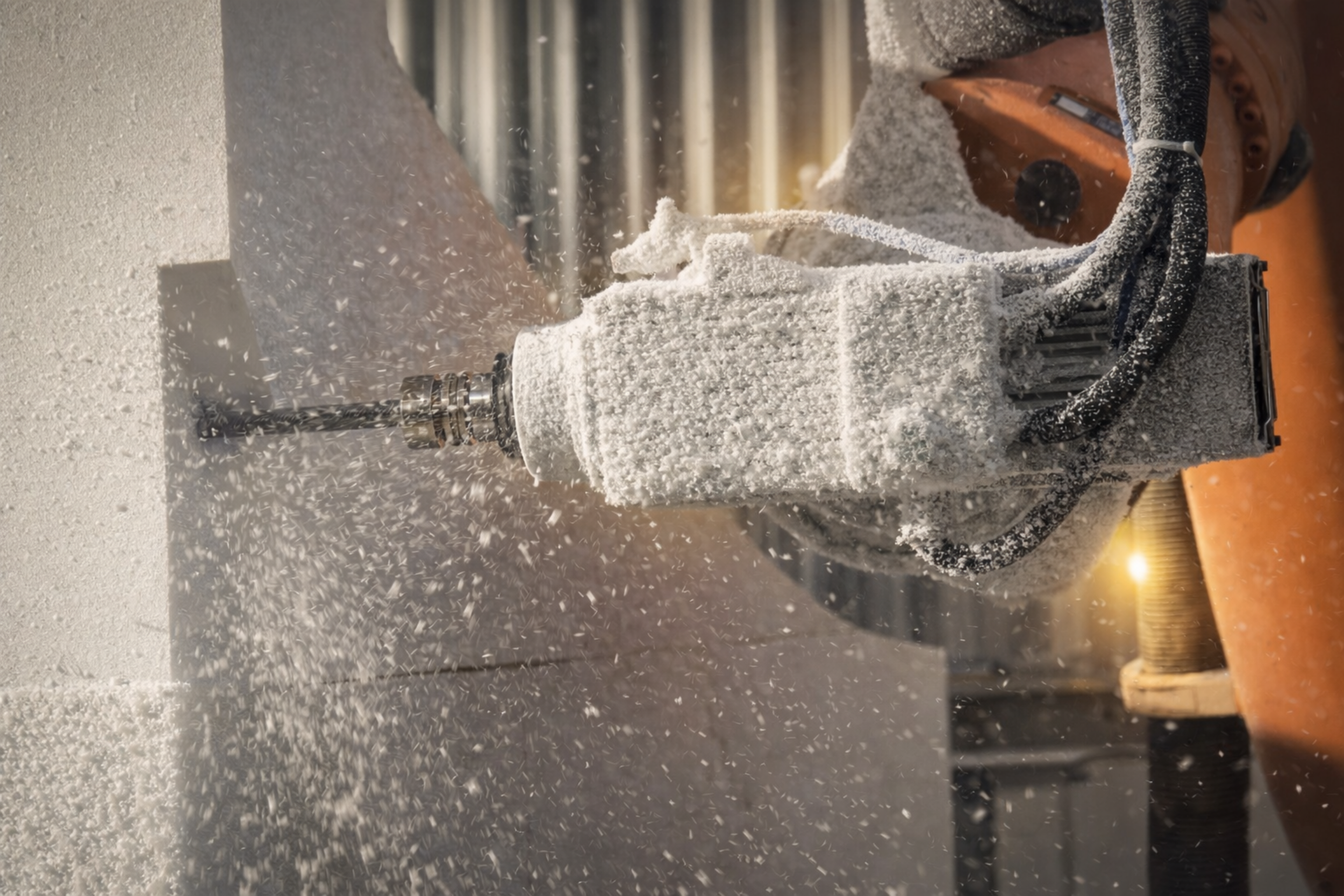 Taşlama makinesiyle taş yüzeye uzun seri kesim yaparken kıvılcımlar ve taş tozları uçuyor.