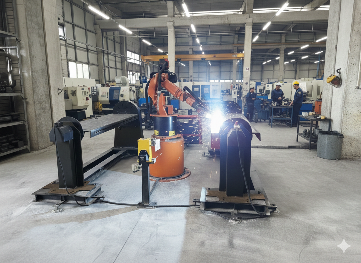 Fabrikada robot kaynak yapıyor, ark kaynağı sırasında kıvılcımlar çıkıyor, arka planda birkaç çalışan ve çeşitli makineler görülüyor.