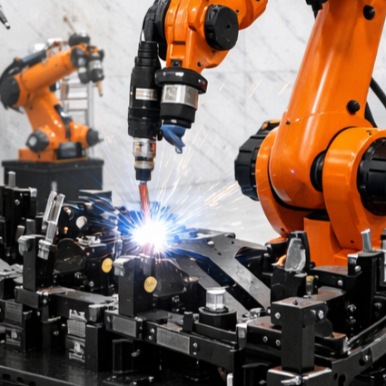 Endüstriyel robotlar ve kaynak makinesi kullanılarak yapılan otomatik kaynak işlemi.