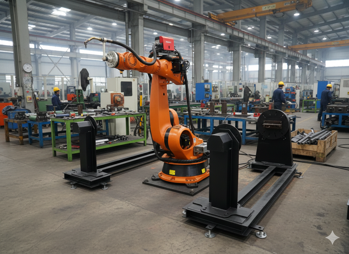 Otomotiv endüstrisinde kullanılan büyük bir endüstriyel robot, fabrikada çeşitli makinelerin ve iş istasyonlarının olduğu geniş bir alanda yer alıyor.