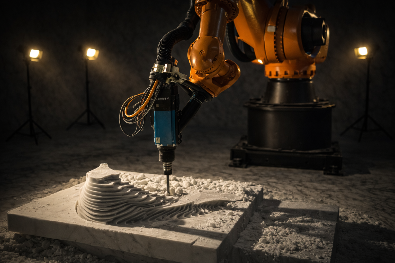 Robot kolu, mermer veya taş üzerinde yatay çizgiler halinde ince detaylar çıkarıyor, üç ışık kaynağı arka planda yanıp sönüyor.