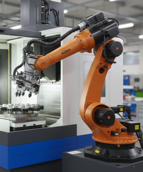 Endüstriyel robot kolu ile otomatik montaj veya imalat işlemi yapılıyor.